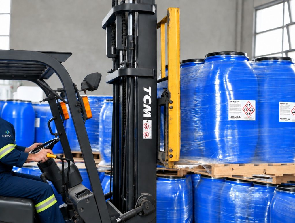 NEROL warehouse worker operating TCM forklift with drums